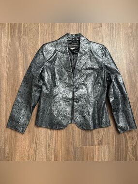 Vintage Pamela McCoy embossed Black & silver floral  leather jacket. Size small.